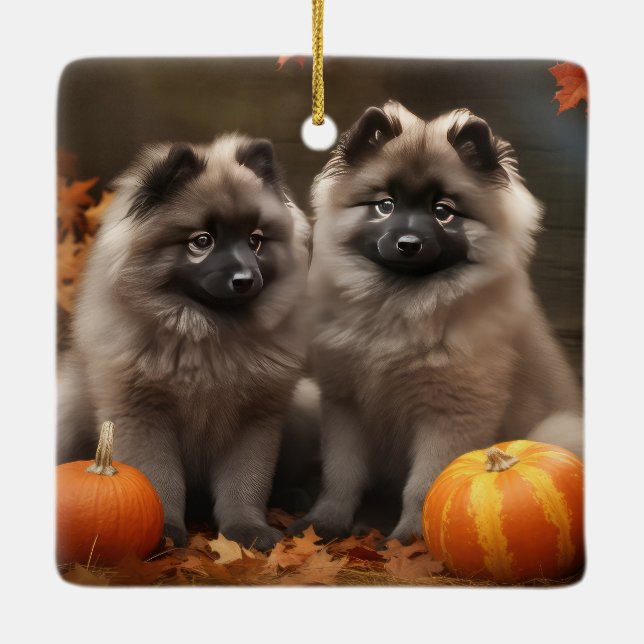 Adorno De Cerámica Calabaza deslumbrante de Keeshond Puppy Autumn (Reverso)