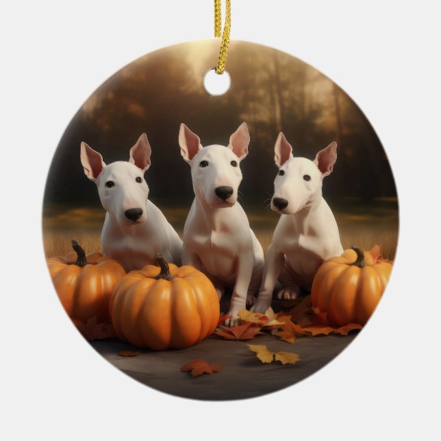 Adorno De Cerámica Calabaza deslumbrante del otoño con cachorro de ca (Frente)