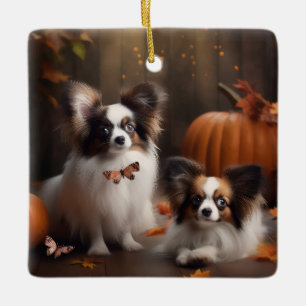 Adorno De Cerámica Calabaza deslumbrante Papillon Puppy Autumn