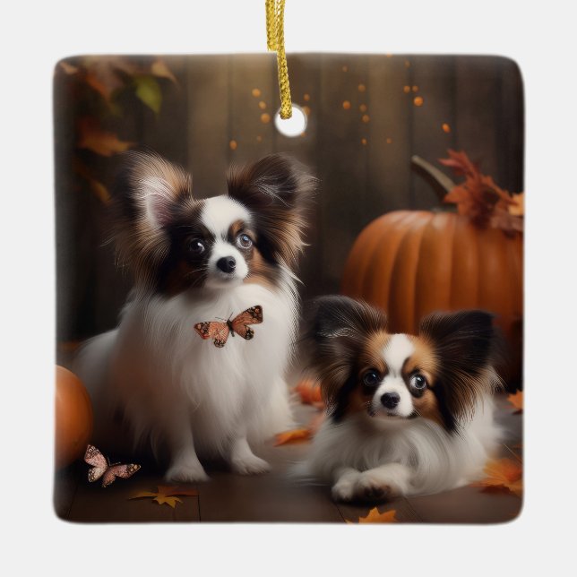Adorno De Cerámica Calabaza deslumbrante Papillon Puppy Autumn (Anverso)