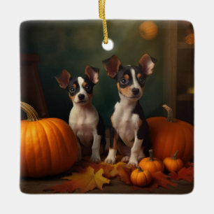 Adorno De Cerámica Calabaza deslumbrante Rat Terrier Puppy Autumn