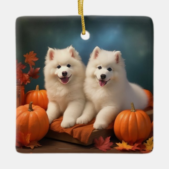 Adorno De Cerámica Calabaza deslumbrante Samoyed Puppy Autumn (Anverso)