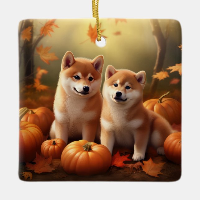 Adorno De Cerámica Calabaza deslumbrante Shiba Inu Puppy Otoño (Anverso)