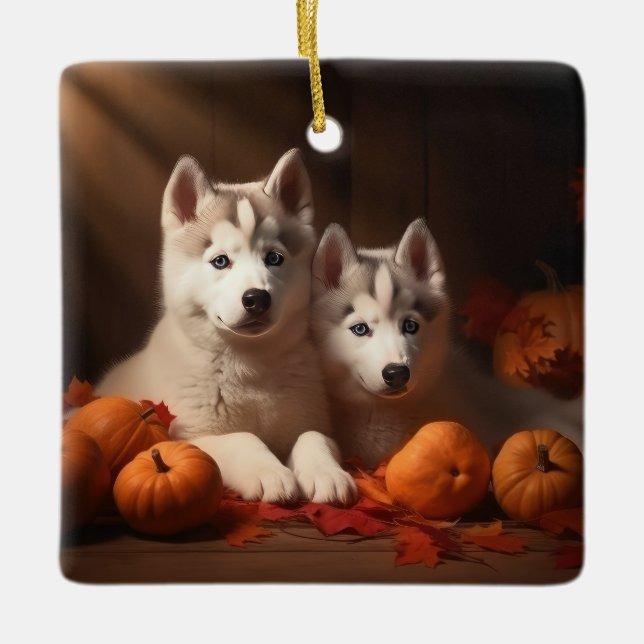 Adorno De Cerámica Calabaza deslumbrante siberiana Husky Puppy otoño (Anverso)