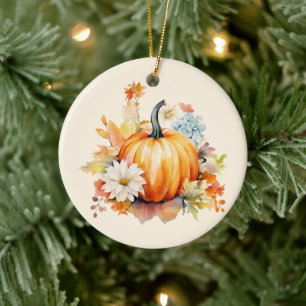 Adorno De Cerámica Calabaza naranja y flores Otoño