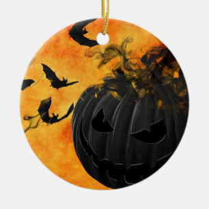 Adorno De Cerámica Calabaza negra y murciélagos