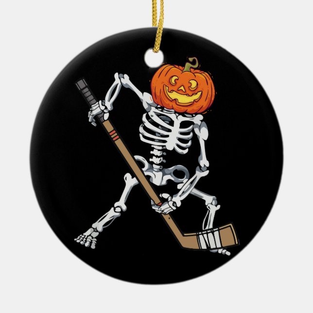 Adorno De Cerámica Calabaza Skeleton Hockey Halloween Costueen Hockey (Frente)