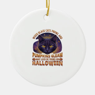 Adorno De Cerámica Calabazas Brillan Halloween Gato Negro Hojas Caída