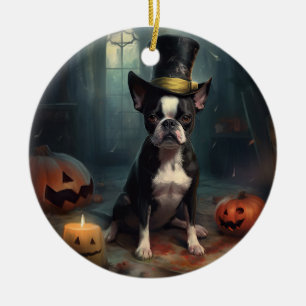 Adorno De Cerámica Calabazas de Boston Terrier Halloween Espeluznante