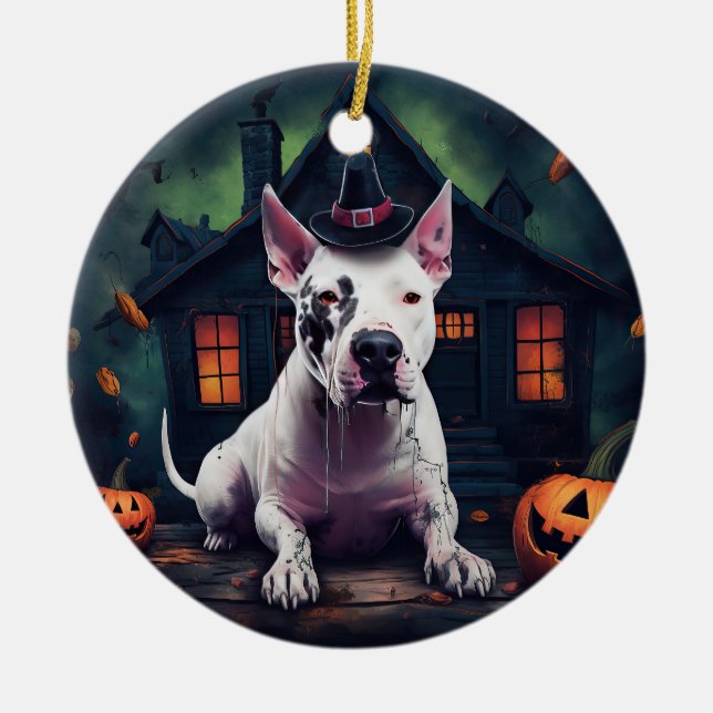 Adorno De Cerámica Calabazas de Bull Terrier Halloween dan miedo (Frente)