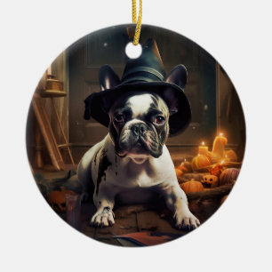 Adorno De Cerámica Calabazas de Bulldog francés asustan a Halloween