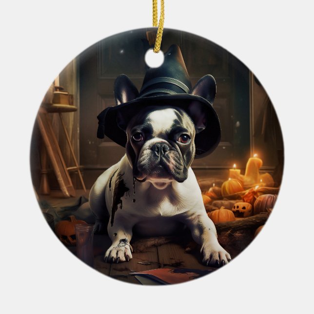 Adorno De Cerámica Calabazas de Bulldog francés asustan a Halloween (Frente)