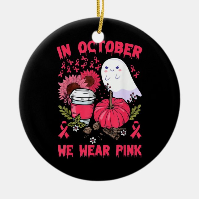 Adorno De Cerámica Calabazas De Fantasma Para El Cáncer De Mama (Frente)
