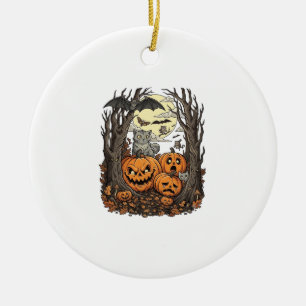 Adorno De Cerámica Calabazas de Halloween Gato Gris Murciélago Luna L