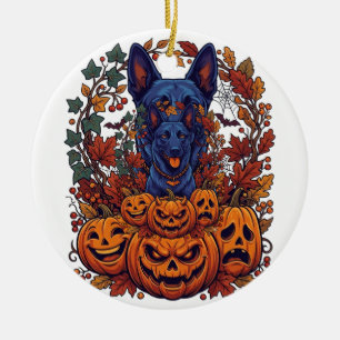 Adorno De Cerámica Calabazas de Halloween Pitbull Azul Hojas de Otoño