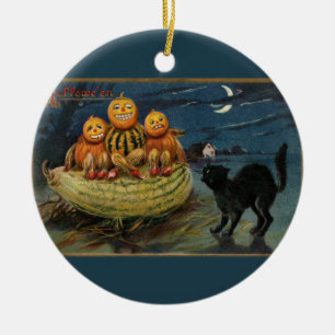 Adorno De Cerámica Calabazas de Halloween vintage Gato negro