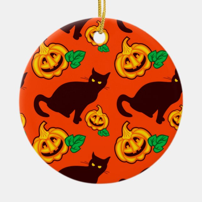 Adorno De Cerámica Calabazas de Halloween y gato negro (Frente)