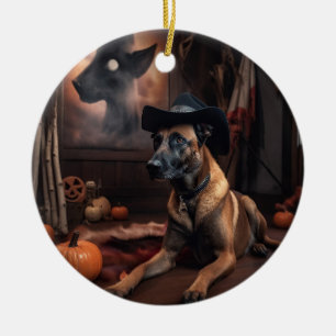 Adorno De Cerámica Calabazas Malinois Belga Halloween Espeluznante