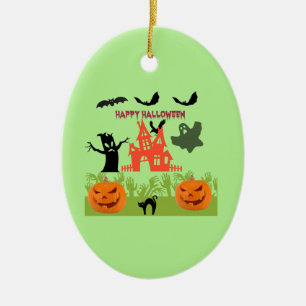 Adorno De Cerámica Calabazas, murciélagos, árbol espantoso y fantasma