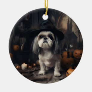 Adorno De Cerámica Calabazas Shih Tzu Halloween Asustadizas