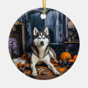 Adorno De Cerámica Calabazas Siberian Husky Halloween Asustadizas