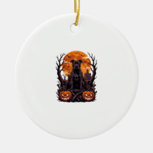 Adorno De Cerámica Calabazas Trono Pitbull Negro Halloween Luna Llena