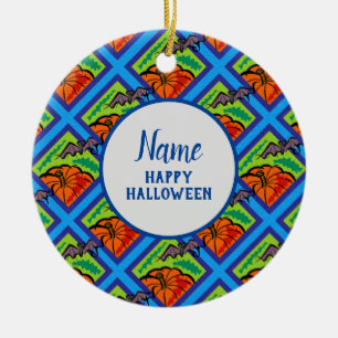 Adorno De Cerámica Calabazas y murciélagos en patrón, nombre, Hallowe