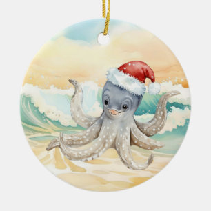 Adorno De Cerámica Calamar de Navidad Sombrero de Santa en el Mar
