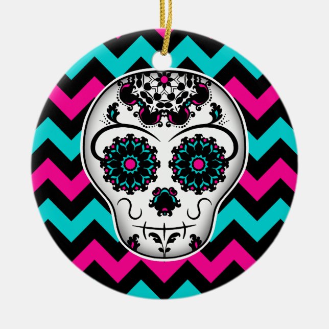 Adorno De Cerámica Calavera de azúcar en rayas de chevron (Frente)