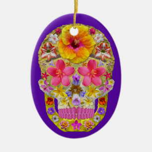 Adorno De Cerámica Calavera de flores 4 - Tropical
