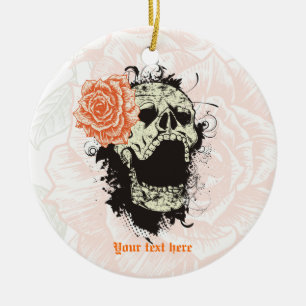 Adorno De Cerámica Calavera de gótico con rosa de naranja vintage