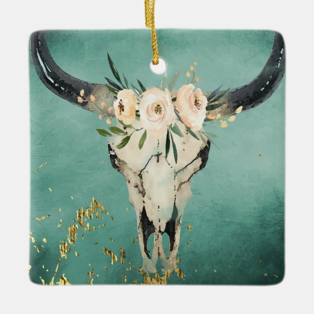 Adorno De Cerámica Calavera de vaca de Boho personalizada, flores en  (Anverso)