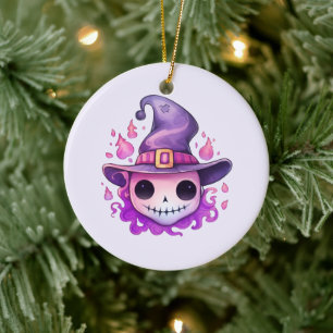 Adorno De Cerámica Calavera en un sombrero de bruja caprichosa