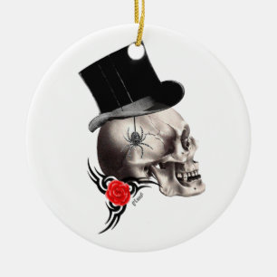 Adorno De Cerámica Calavera gótica y estilo tatuaje rosa