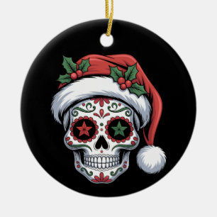 Adorno De Cerámica Calavera Navideña Sombrero de Santa Día de Muertos