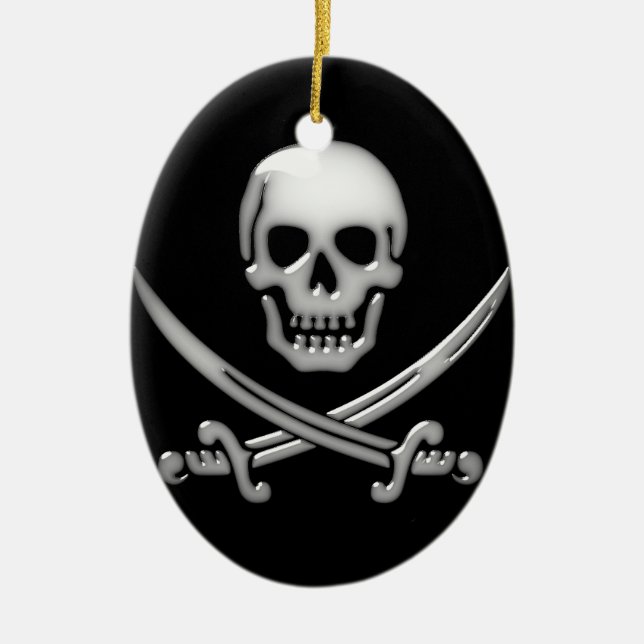 Adorno De Cerámica Calavera pirata y cruces de espadas vidriosas (Frente)
