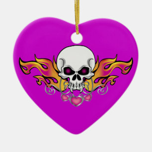 Adorno De Cerámica Calavera y corazones inflamables