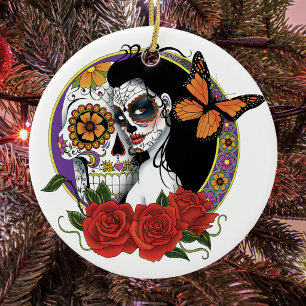 Adorno De Cerámica Calaveras de Azúcar Elegantes Mariposa Monarca Ros