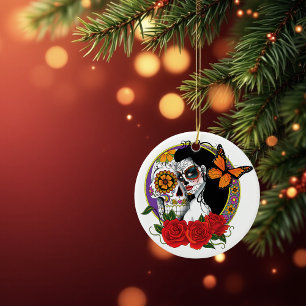 Adorno De Cerámica Calaveras de Azúcar Elegantes Rosas Rojas Monarca 