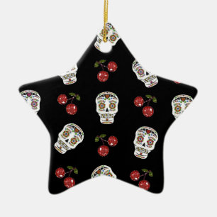 Adorno De Cerámica Calaveras de Azúcar Rockabilly RAB Cerezas Sobre N