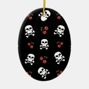 Adorno De Cerámica Calaveras y Cerezas RAB Rockabilly en Negro
