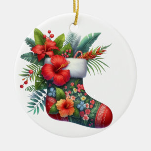 ADORNO DE CERÁMICA CALCETÍN DE NAVIDAD TROPICAL HAWAIANO & HIBISCO