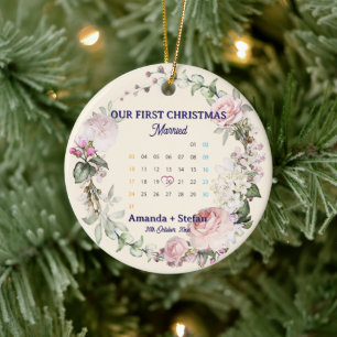 Adorno De Cerámica Calendario Floral Nuestra Primera Navidad Casados