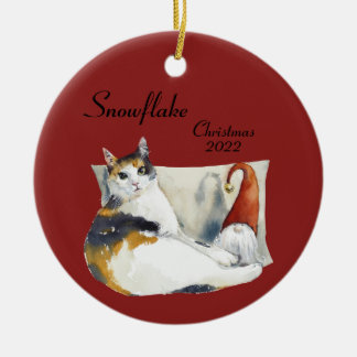 Adorno De Cerámica Calico Cat Gnome Navidades tema acuarela