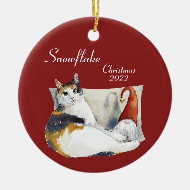 Adorno De Cerámica Calico Cat Gnome Navidades tema acuarela Cerami (Frente)