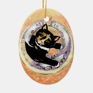 Adorno De Cerámica Calico Cat Halloween