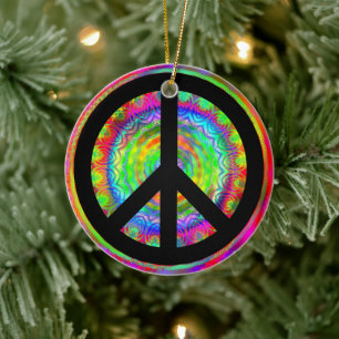 Adorno De Cerámica Calidoscopio Fractal Colorido Símbolo de Paz Negro