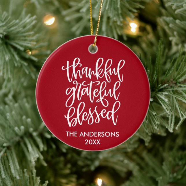 Adorno De Cerámica Caligrafía Agradecido Agradecimiento al rojo bende (Árbol)