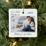 Adorno De Cerámica Caligrafía Nuestra primera fotografía de la pareja<br><div class="desc">Guión de caligrafía moderno y elegante,  Minimalista simple,  nuestra primera pareja de Navidades de fotografía de Navidad Ornamento cerámico</div>