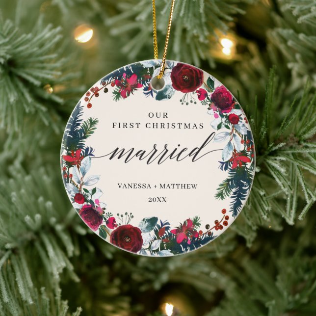 Adorno De Cerámica Caligrafía Primera Navidad Casada Floral de Invier (Árbol)